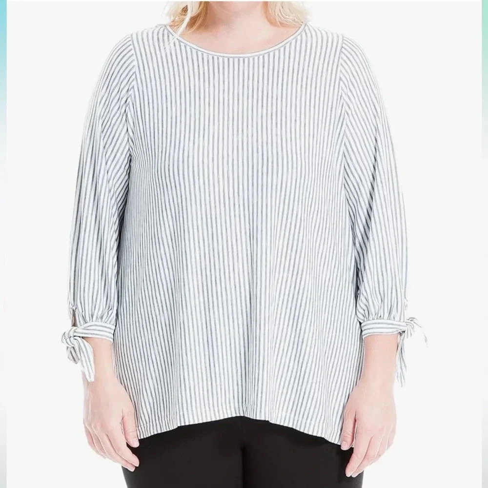 Max Studio Women's Tie Sleeve Blouse in Ivory/Indigo Dainty Stripe Plus Size 2X